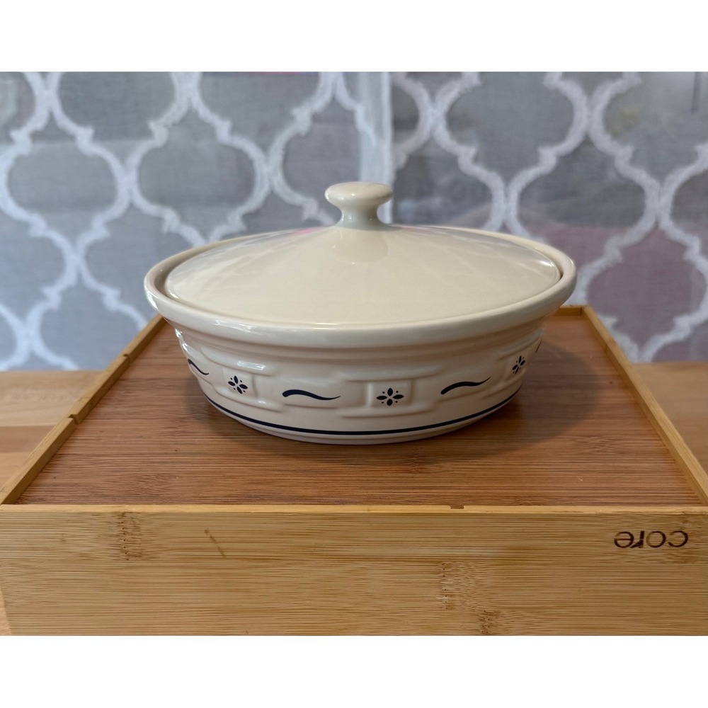 Longaberger Woven Traditions Ivory Blue Casserole Dish with Lid Round Stoneware
